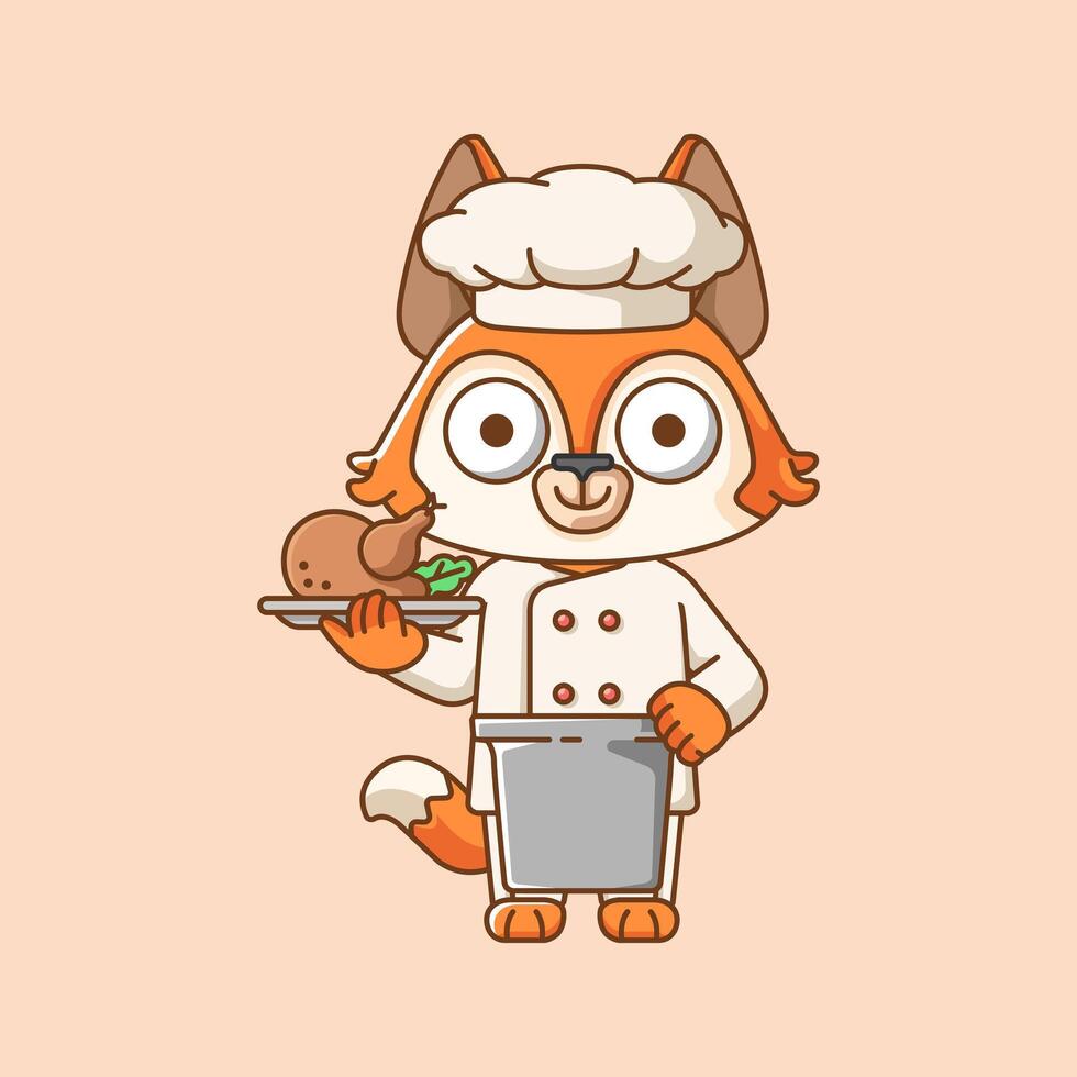 süß Fuchs Koch Koch Dienen Essen Tier Chibi Charakter Maskottchen Symbol eben Linie Kunst Stil Illustration Konzept Karikatur vektor