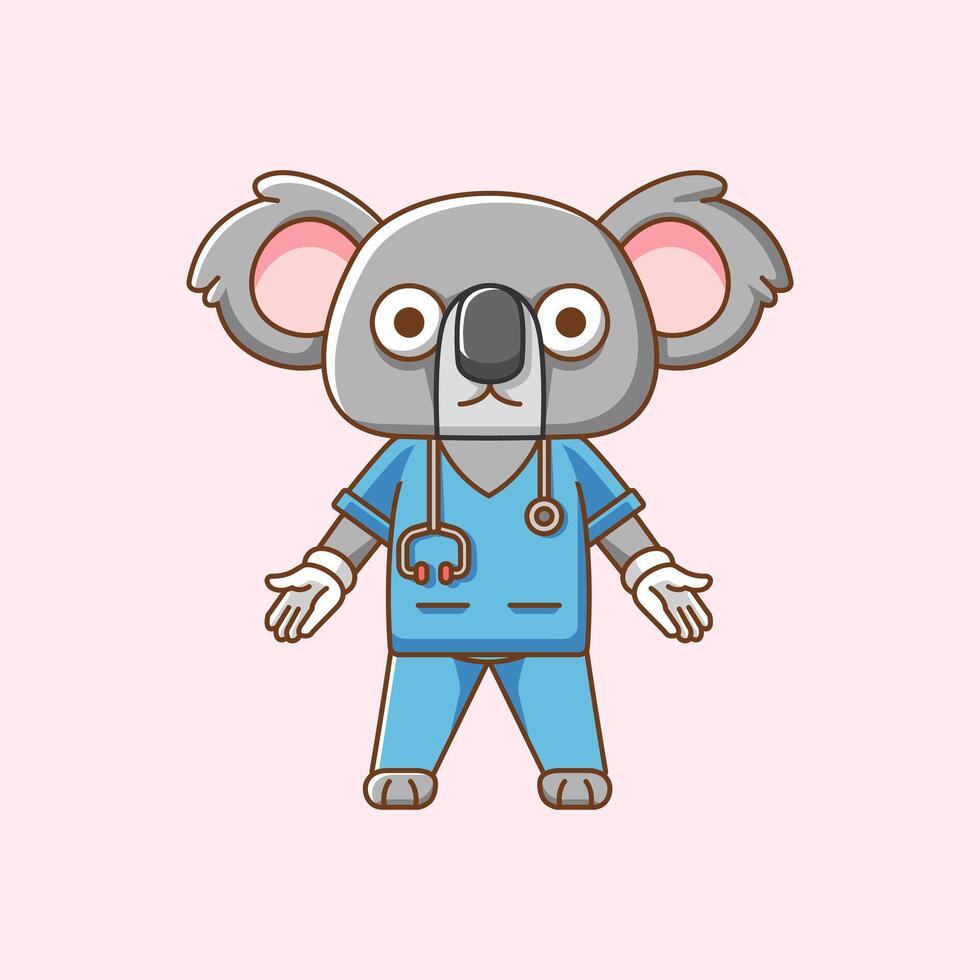söt koala läkare medicinsk personal chibi karaktär maskot ikon platt linje konst stil illustration begrepp tecknad serie vektor