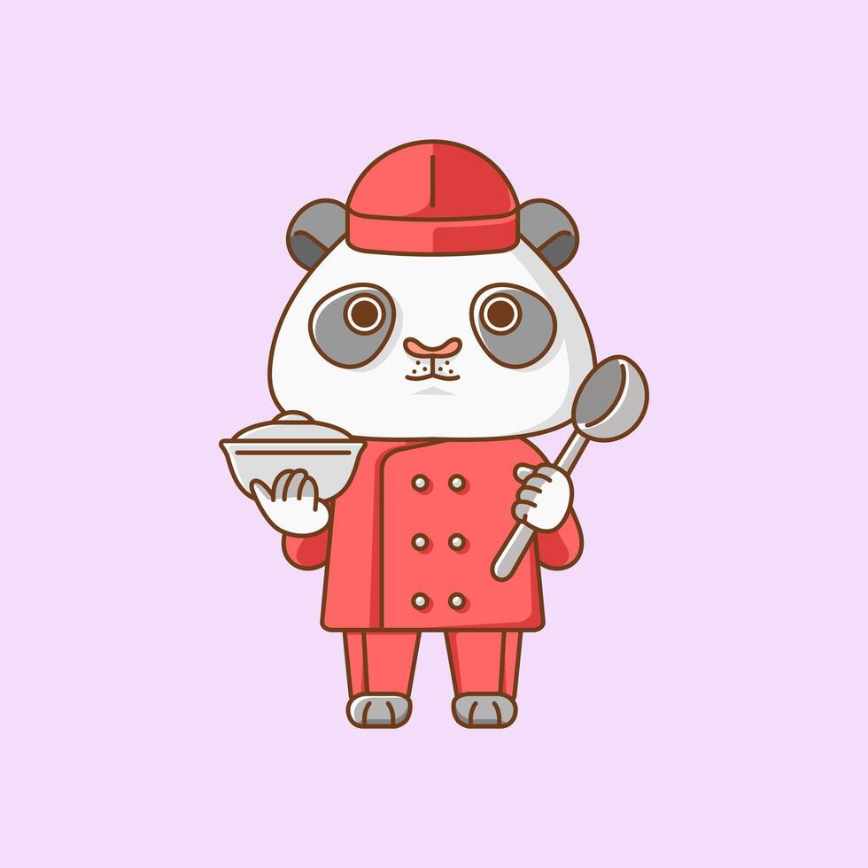 söt panda kock laga mat tjäna mat djur- chibi karaktär maskot ikon platt linje konst stil illustration begrepp tecknad serie vektor