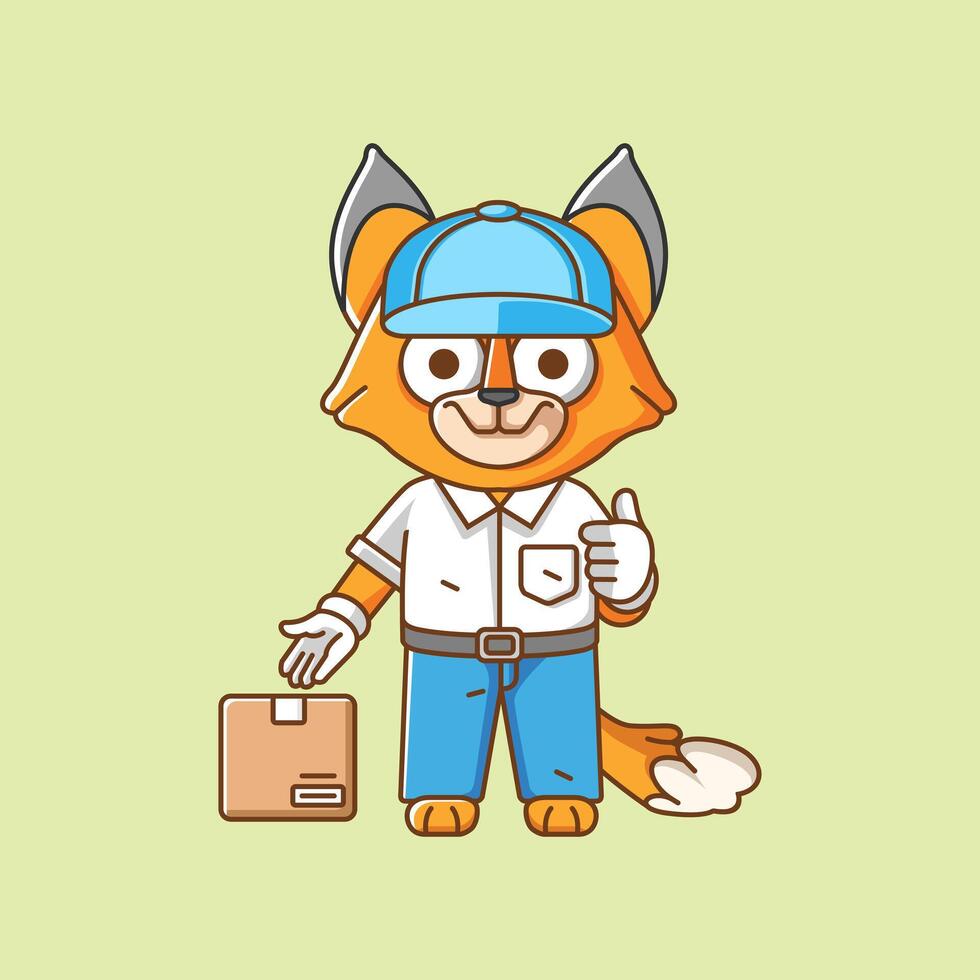 süß Fuchs Kurier Paket Lieferung Tier Chibi Charakter Maskottchen Symbol eben Linie Kunst Stil Illustration Konzept vektor