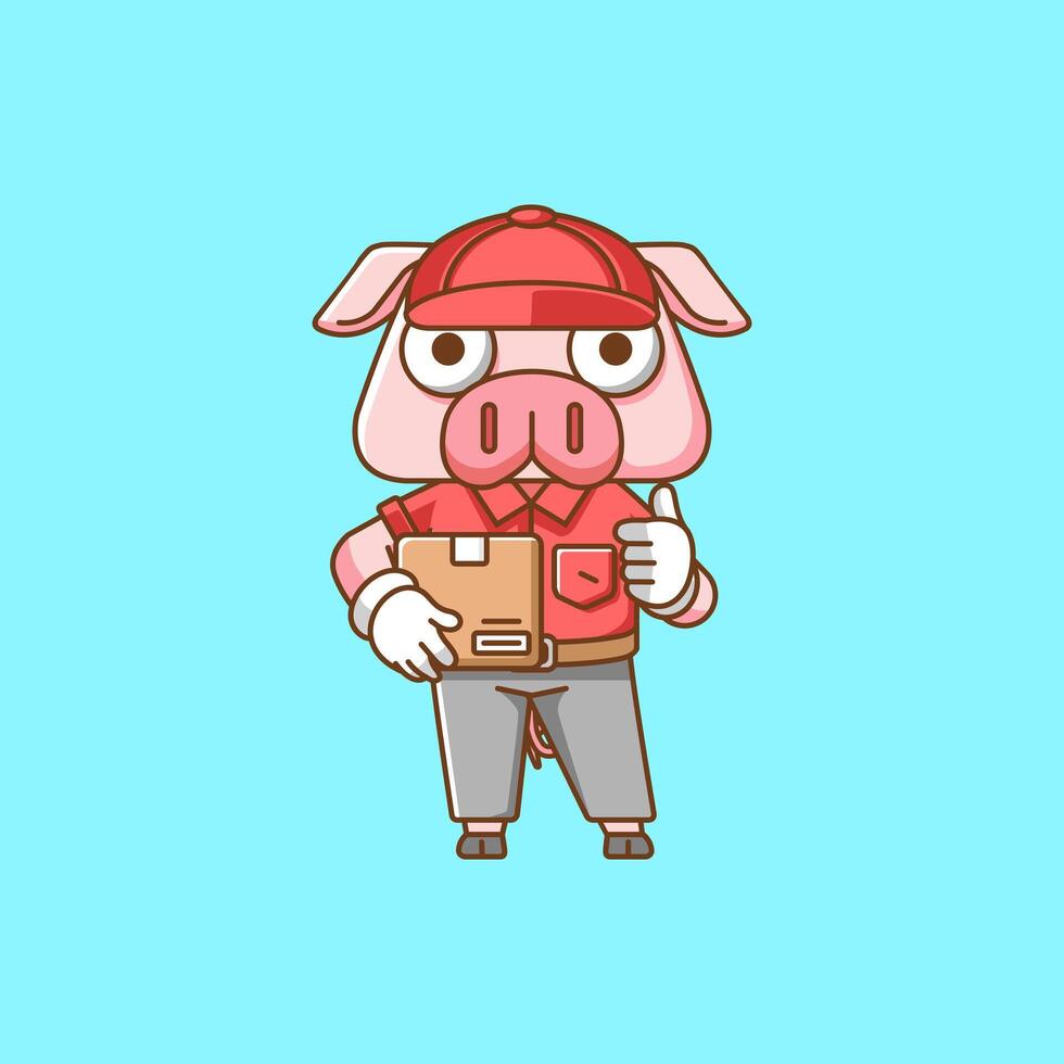 süß Schwein Kurier Paket Lieferung Tier Chibi Charakter Maskottchen Symbol eben Linie Kunst Stil Illustration Konzept Karikatur vektor