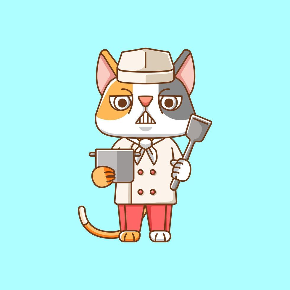 söt katt kock laga mat tjäna mat djur- chibi karaktär maskot ikon platt linje konst stil illustration begrepp tecknad serie vektor