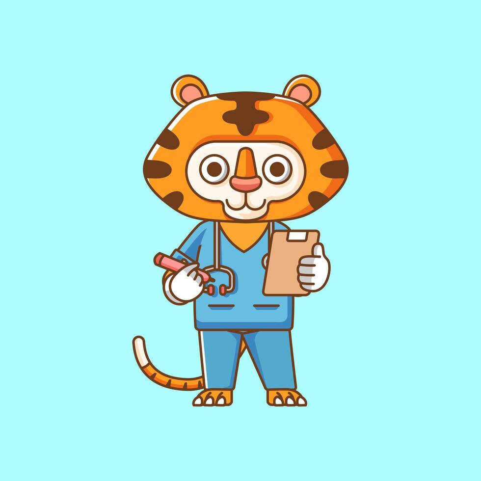 süß Tiger Arzt medizinisch Personal Chibi Charakter Maskottchen Symbol eben Linie Kunst Stil Illustration Konzept Karikatur vektor