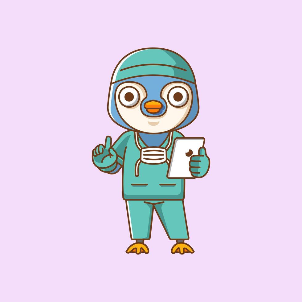 söt pingvin läkare medicinsk personal chibi karaktär maskot ikon platt linje konst stil illustration begrepp tecknad serie vektor