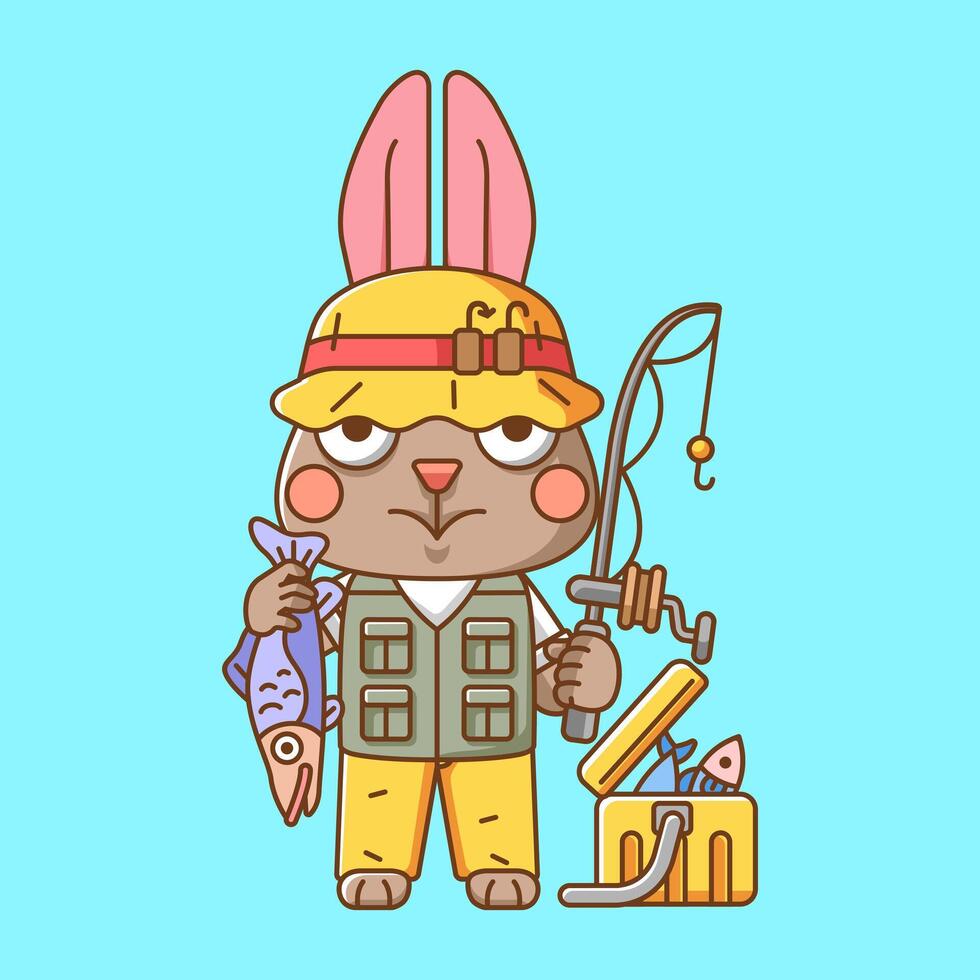 süß Hase Fischer Angeln Tier Chibi Charakter Maskottchen Symbol eben Linie Kunst Stil Illustration Konzept Karikatur vektor