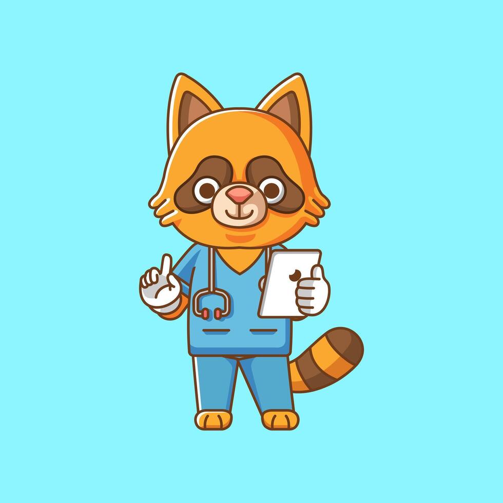 süß Waschbär Arzt medizinisch Personal Chibi Charakter Maskottchen Symbol eben Linie Kunst Stil Illustration Konzept Karikatur vektor