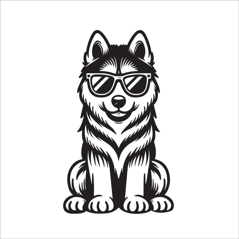 ai generiert schwarz und Weiß sibirisch heiser Hund tragen Sonnenbrille Illustration vektor