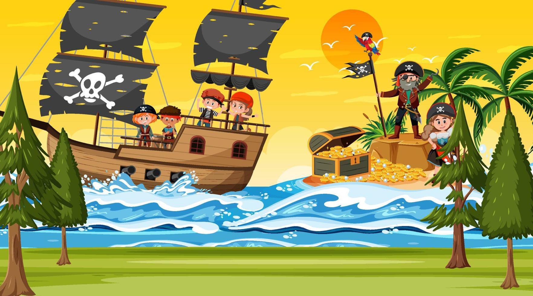 Ozeanszene zur Sonnenuntergangszeit mit Piratenkindern auf dem Schiff vektor