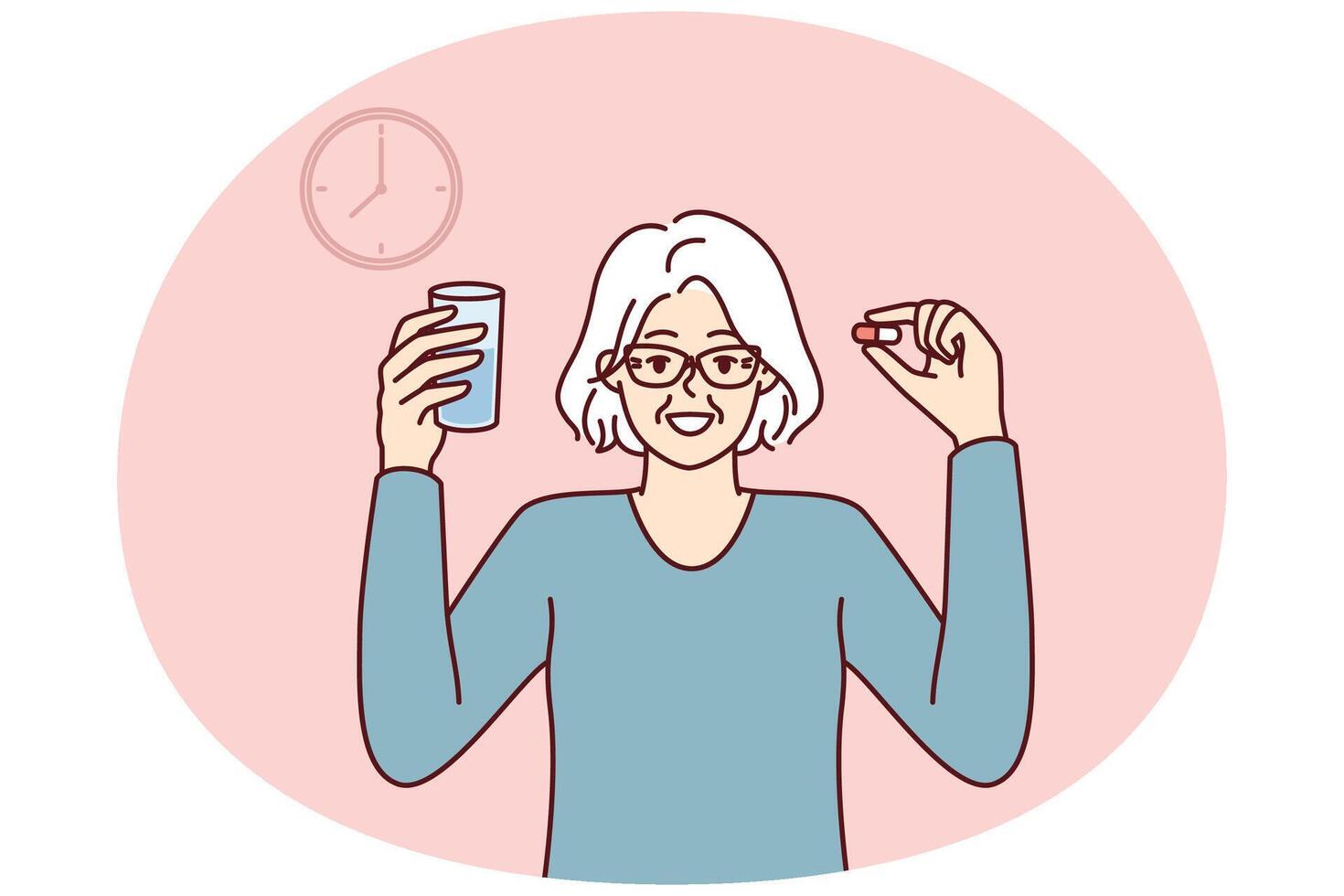 äldre kvinna med piller och glas av vatten står nära klocka följande läkare recept vektor