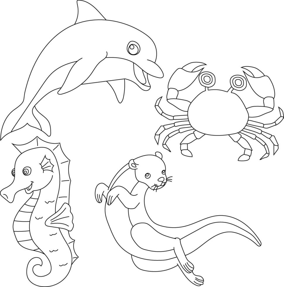 Wasser- Tiere Clip Art Satz. Meer Tiere von Seepferdchen, Otter , Delfin, Krabbe vektor