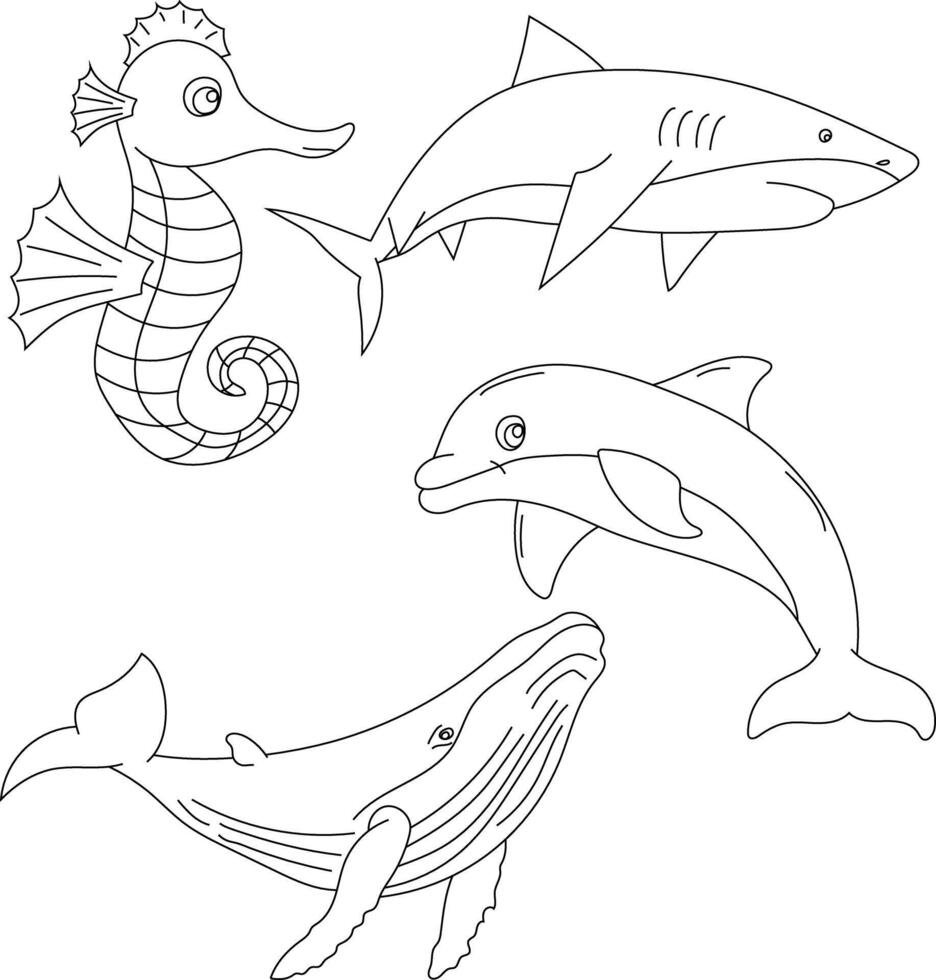 vatten- djur ClipArt uppsättning. hav djur av haj, val, sjöhäst, delfin vektor