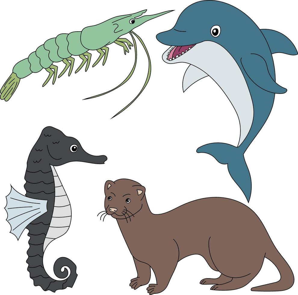 vatten- djur ClipArt uppsättning. räka, delfin, utter, sjöhäst vektor