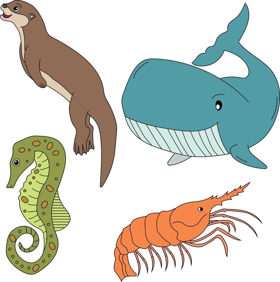 vatten- djur ClipArt uppsättning. räka , utter, sjöhäst, val vektor