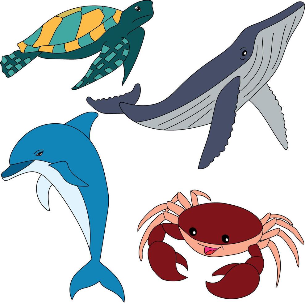 Wasser- Tiere Clip Art Satz. Meer Schildkröte, Krabbe, Wal, Delfin vektor