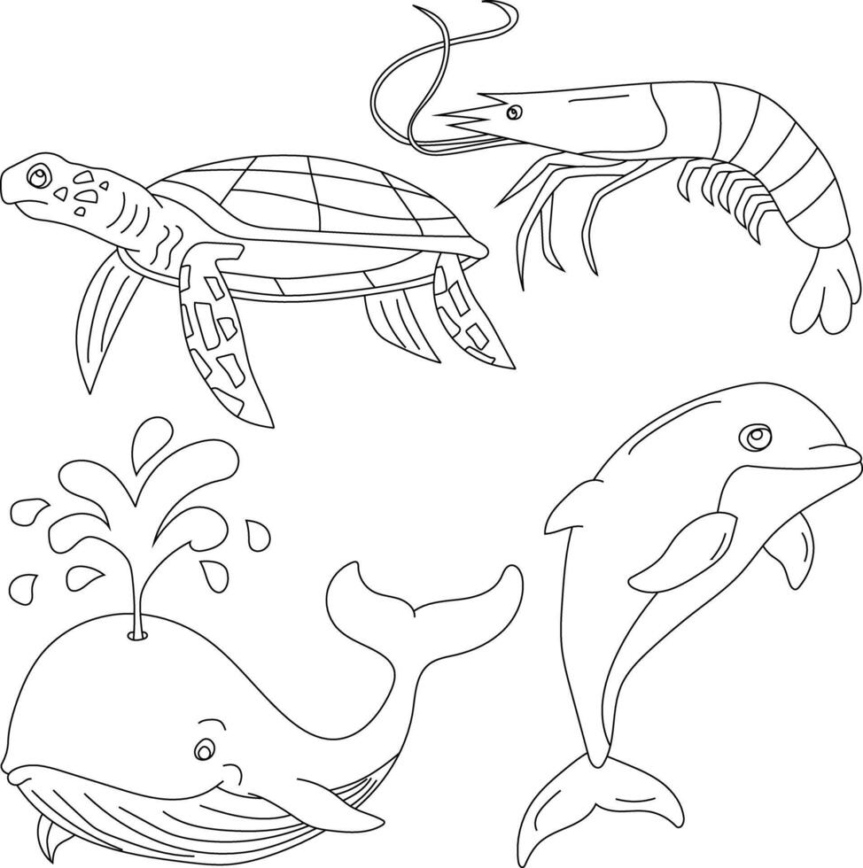 vatten- djur ClipArt uppsättning. hav djur av hav sköldpadda, val, delfin, räka vektor
