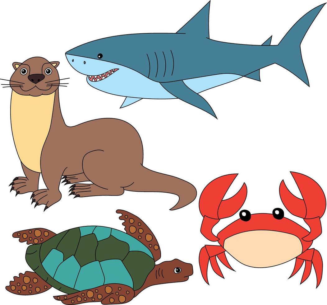 vatten- djur ClipArt uppsättning. hav sköldpadda, utter, krabba, haj vektor
