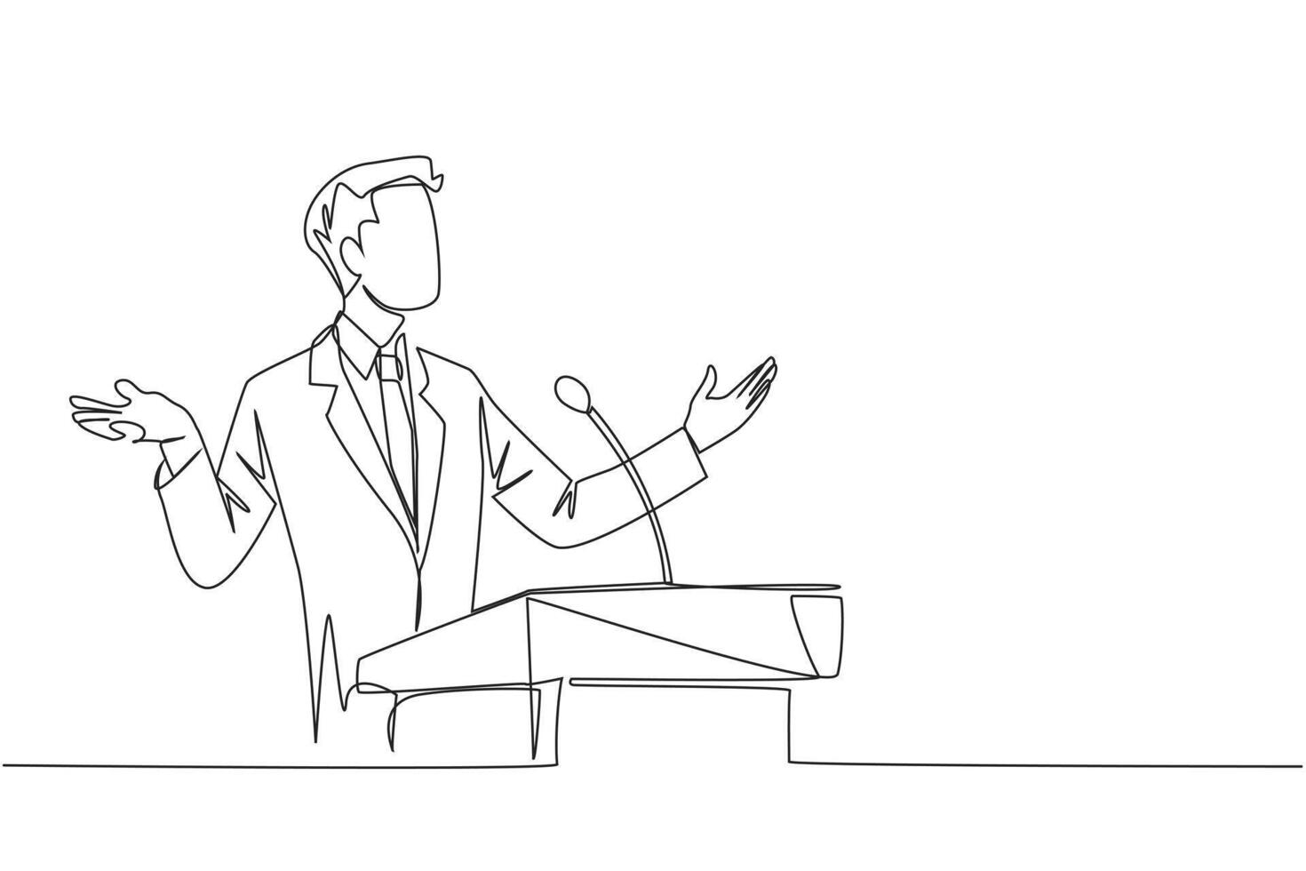 Single einer Linie Zeichnung jung Geschäftsmann Sprechen beim das Podium während Öffnung Hände. erklären das Geschichte von das Unternehmen zu werden ein multinational Unternehmen. kontinuierlich Linie Design Grafik Illustration vektor