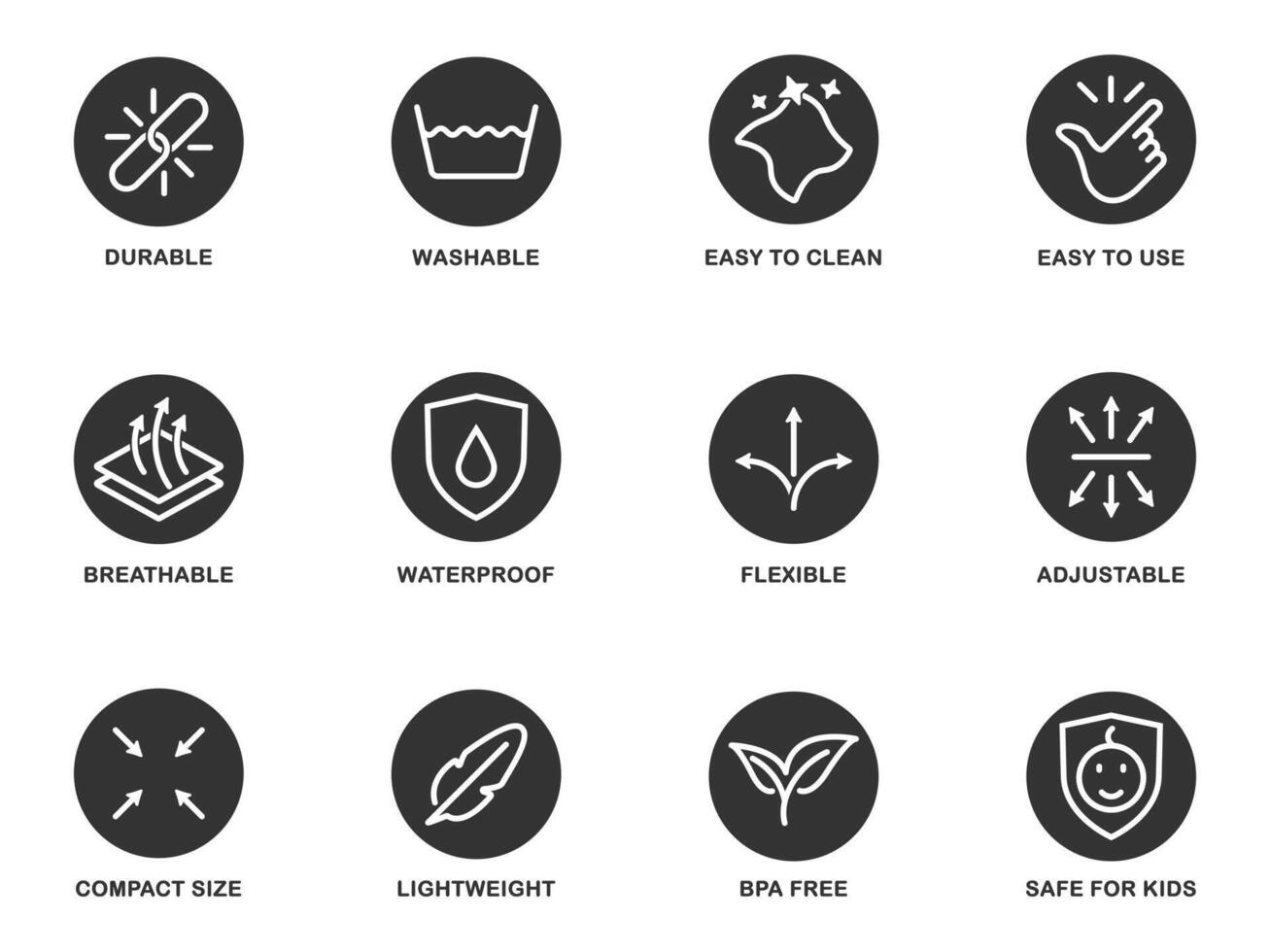 Material Eigenschaften Symbole Satz. Stoff Feature Symbole. Vektor Illustration.