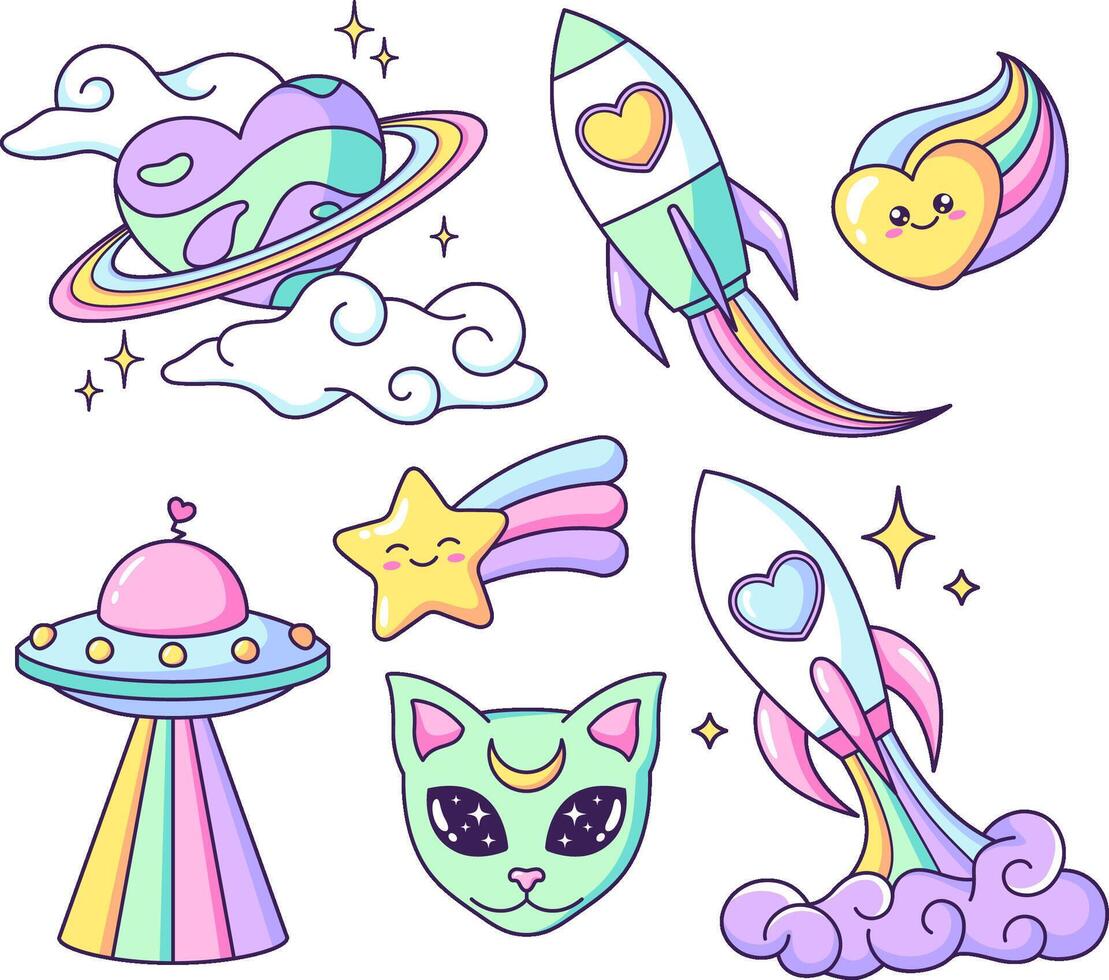 Raum Objekte im ein gestalten von Herz. Planet, UFO, Außerirdischer, Katze, Rakete, Regenbogen, Star Karikatur Zeichnungen, Vektor Abbildungen