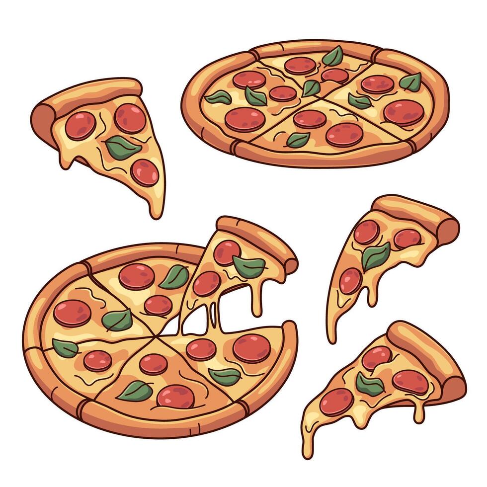 pizza, pizza skivor illustrationer, uppsättning av tecknad serie stil klotter ritningar vektor