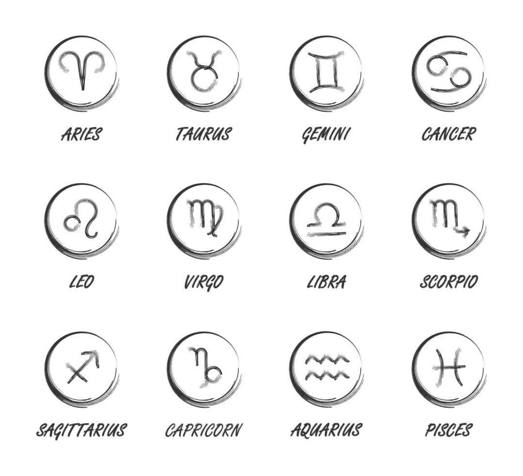 hand dragen zodiaken horoskop ikoner. vektor illustration.