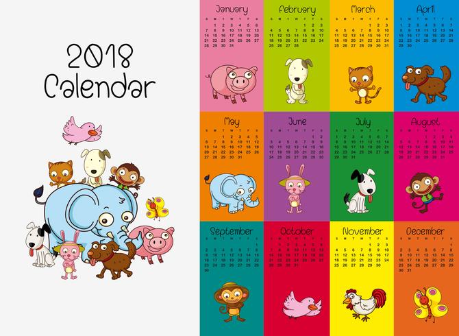 2018 kalendermall med vilda djur vektor