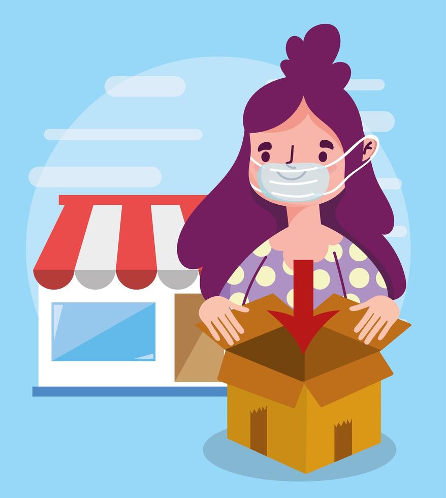 kvinna beställer marknad med box e-handel online shopping covid 19 coronavirus vektor