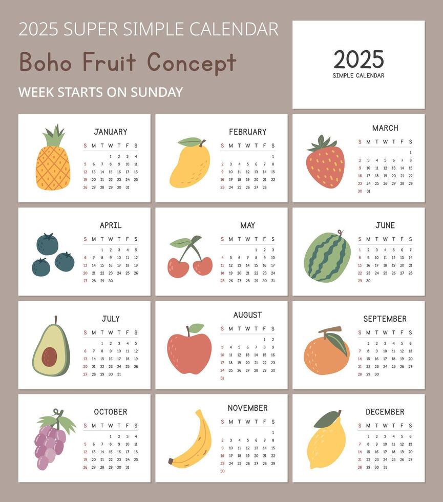 enkel 2025 kalender mall med söt frukt begrepp illustrationer. minimal layout vektor design. kalender för de år 2025 tabeller för 12 månader. modern, elegant design för frukt entusiaster