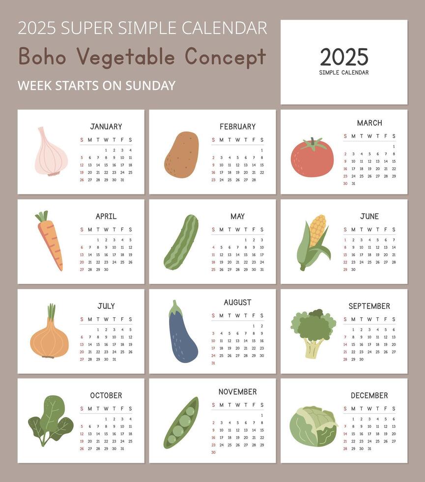 enkel 2025 kalender mall med söt vegetabiliska begrepp illustrationer. minimal layout vektor design. kalender för de år 2025 tabeller för 12 månader. modern, elegant design för vegetabiliska entusiaster