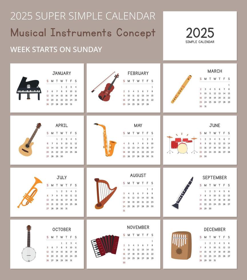 einfach 2025 Kalender Vorlage mit süß Musical Instrumente Illustrationen, Orchester Konzept. minimal Layout Vektor Design. Kalender zum das Jahr 2025 Tabellen zum 12 Monate. modern und elegant Design