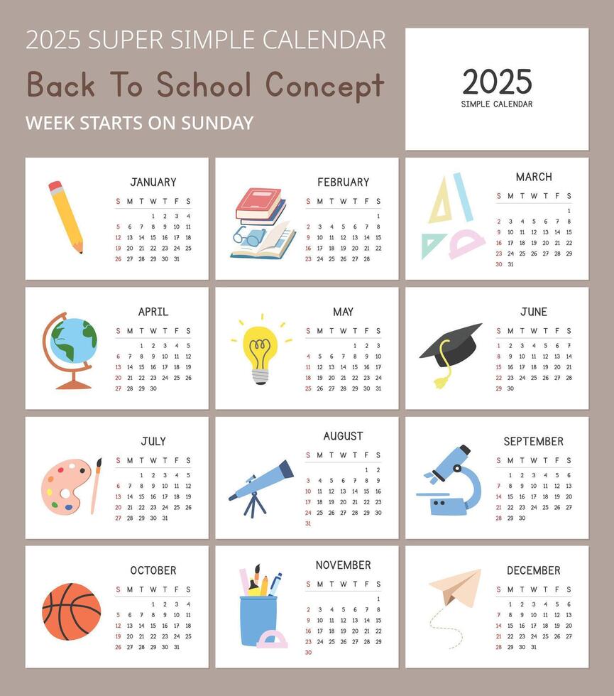 enkel 2025 kalender mall med söt skola leveranser illustrationer, tillbaka till skola begrepp. minimal layout vektor design. kalender för de år 2025 tabeller för 12 månader. modern, lekfull design