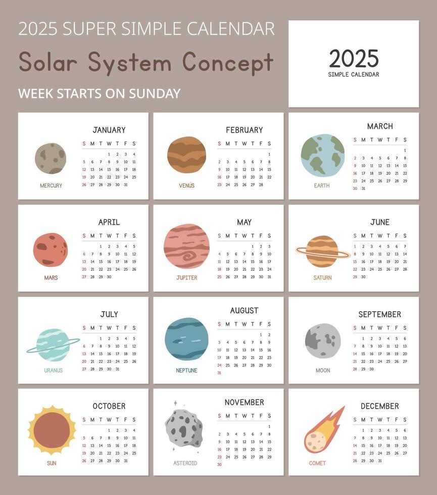 einfach 2025 Kalender Vorlage mit Solar- System Konzept Illustrationen. minimal Layout Vektor Design. Kalender zum das Jahr 2025 Tabellen zum 12 Monate. bezaubernd Design süß Planeten zum Raum Enthusiasten