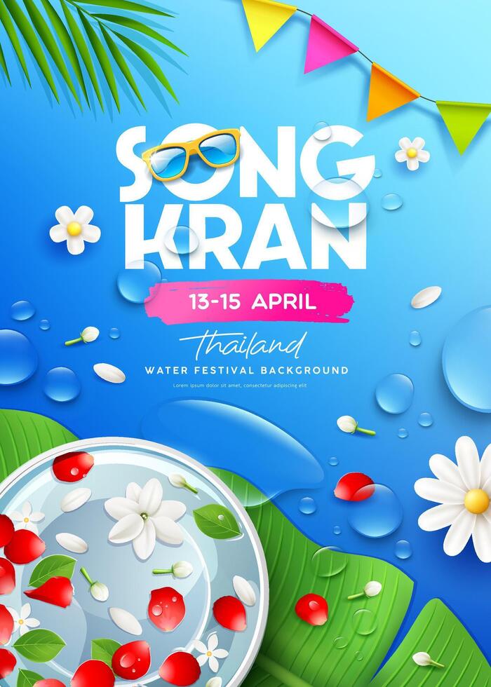 songkran vatten festival thailand, reste sig kronblad och jasmin blomma i skål på banan blad, vatten släppa realistisk affisch flygblad på blå bakgrund, eps 10 vektor illustration