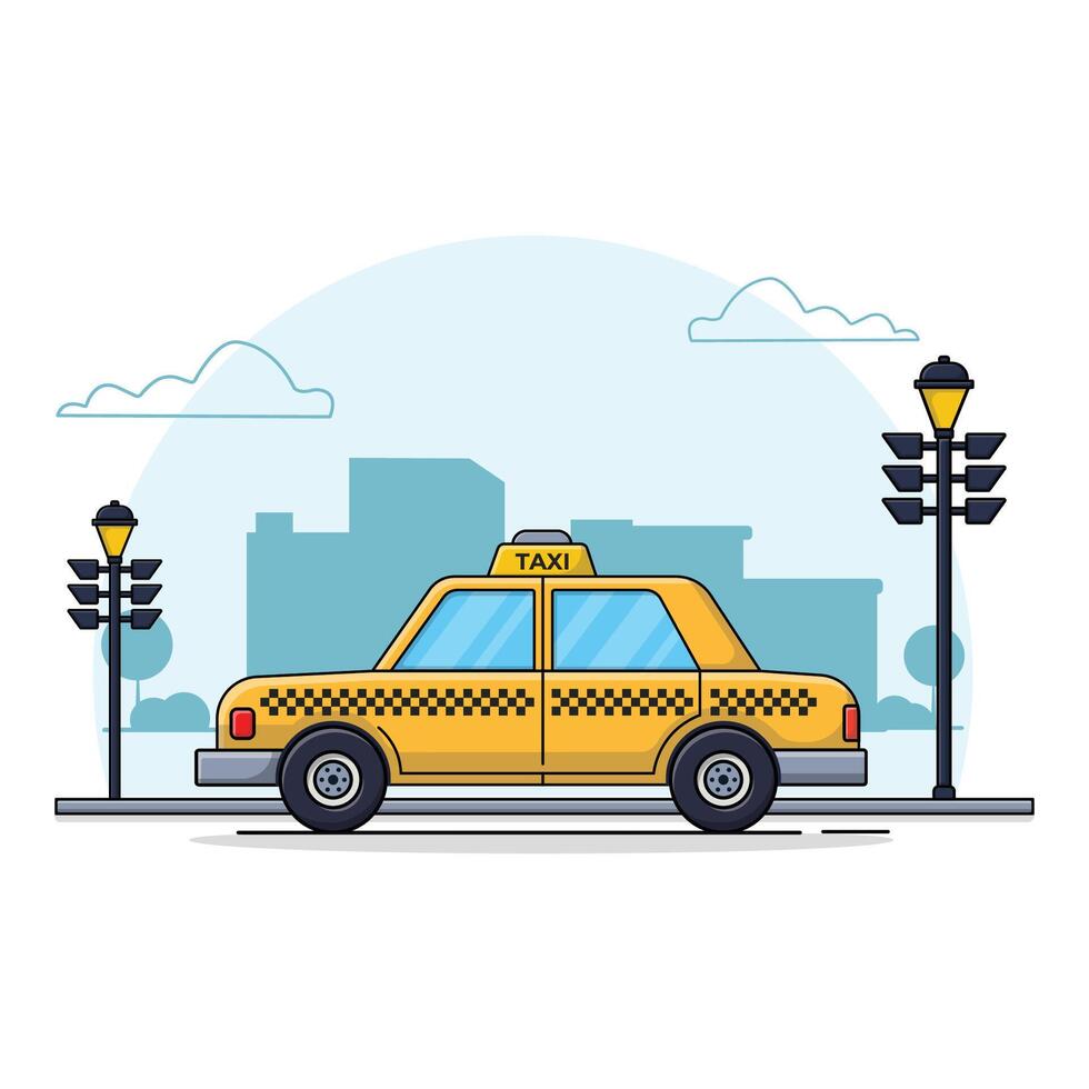 Gelb Taxi Auto auf Stadt Vektor Illustration. Taxi Bedienung Konzept Design