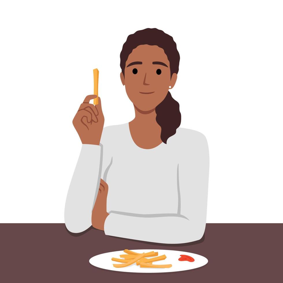 Frau isst Französisch Fritten ohne Denken Über Gesundheit Risiken vektor