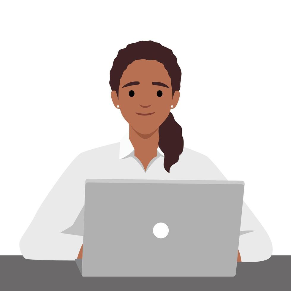 företag kvinna entreprenör i en kostym arbetssätt på en bärbar dator dator på henne rena och elegant kontor skrivbord vektor