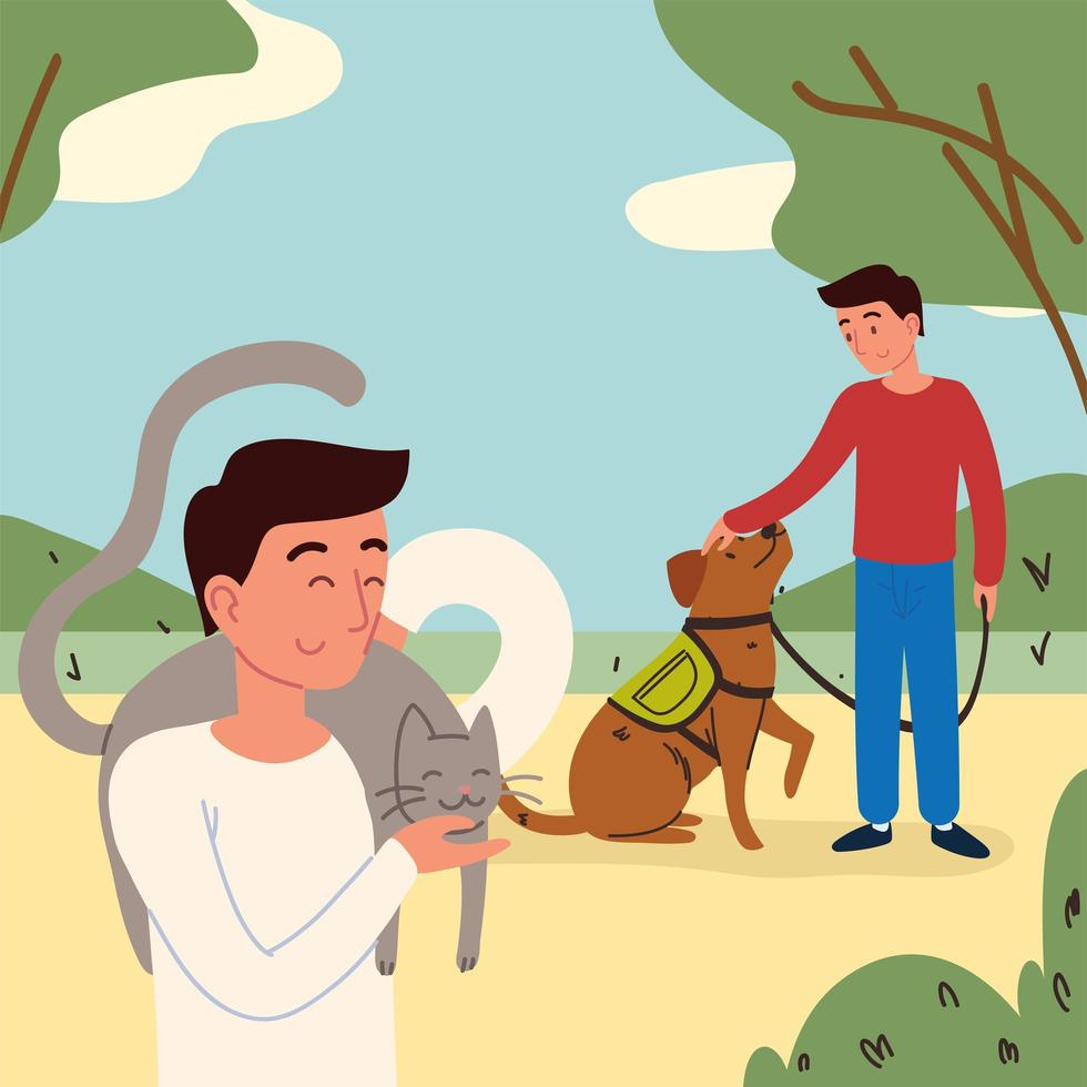 Männer im Park mit Haustieren vektor