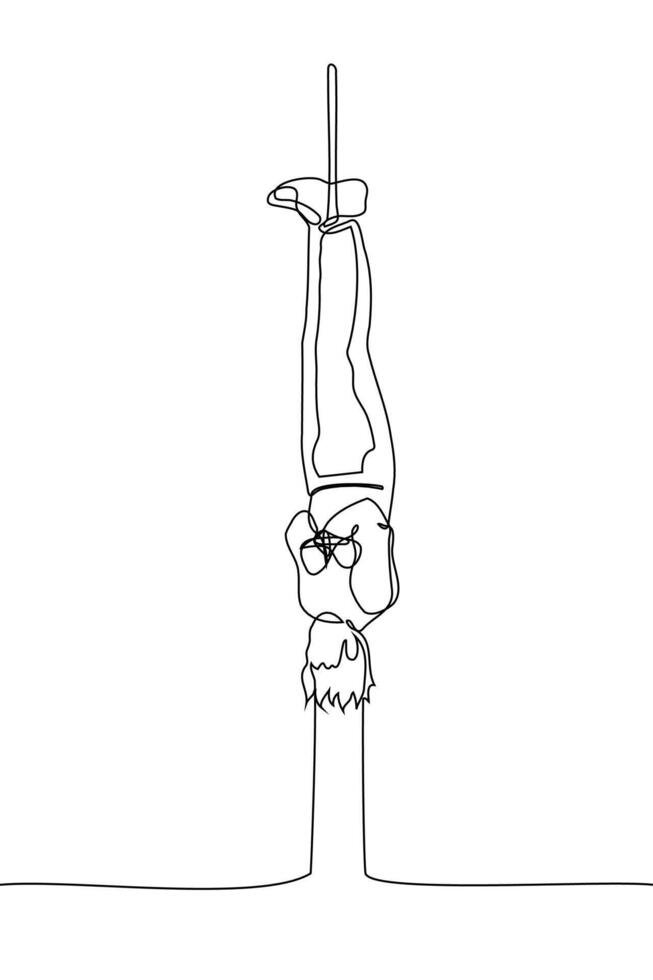 bunden man hängande huvud ner - ett linje teckning vektor. en man hängande upside ner med hans händer bunden. tortyr begrepp, bdsm praktiker vektor