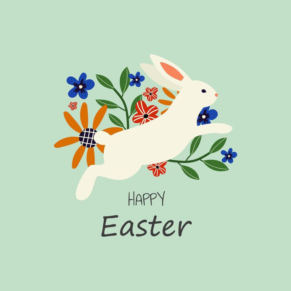 süß Ostern Karte mit Hase und Blumen. Vektor Frühling Hand gezeichnet Illustration. isoliert Hintergrund.