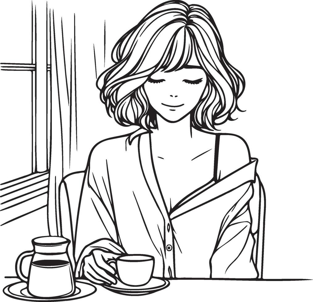 kvinna dryck kaffe på Hem skiss teckning. vektor
