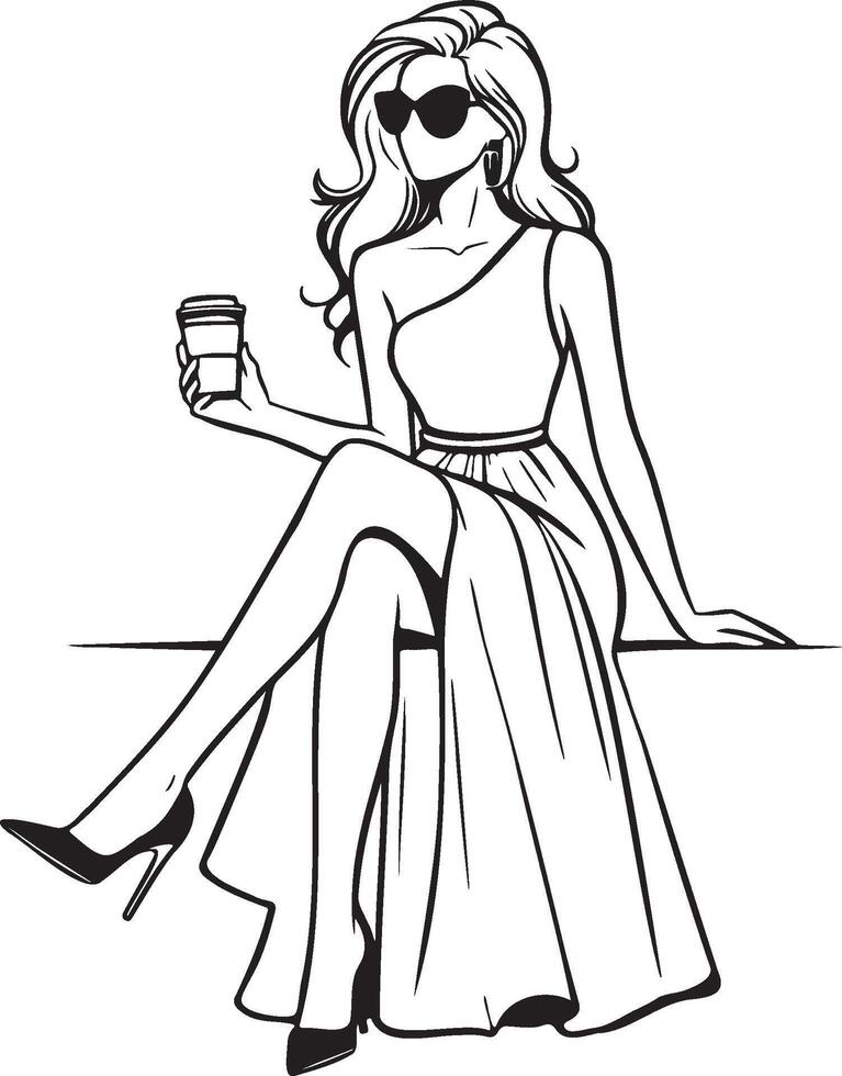 mode kvinna dryck kaffe skiss teckning. vektor