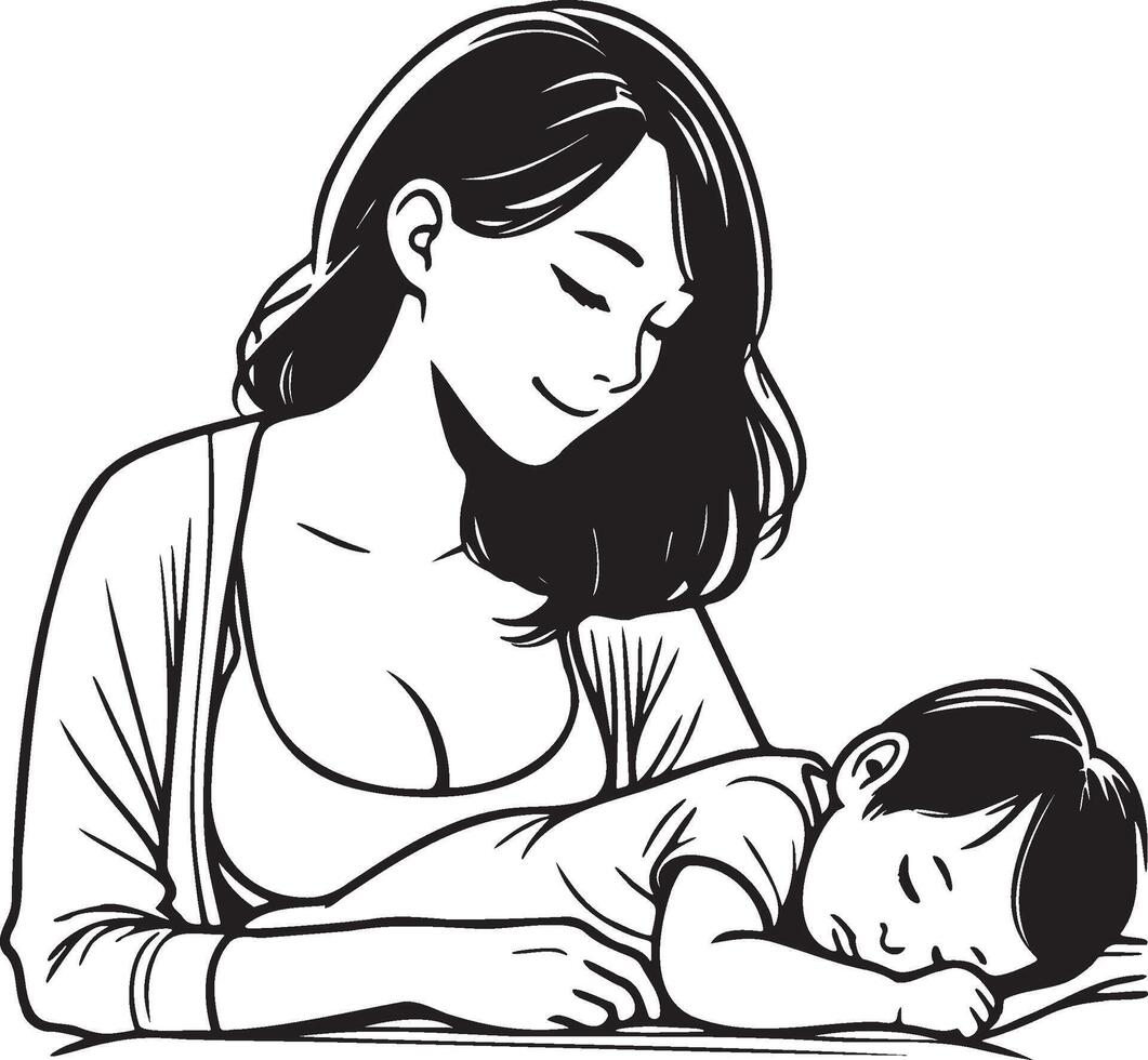 mor och bebis vård skiss teckning. vektor