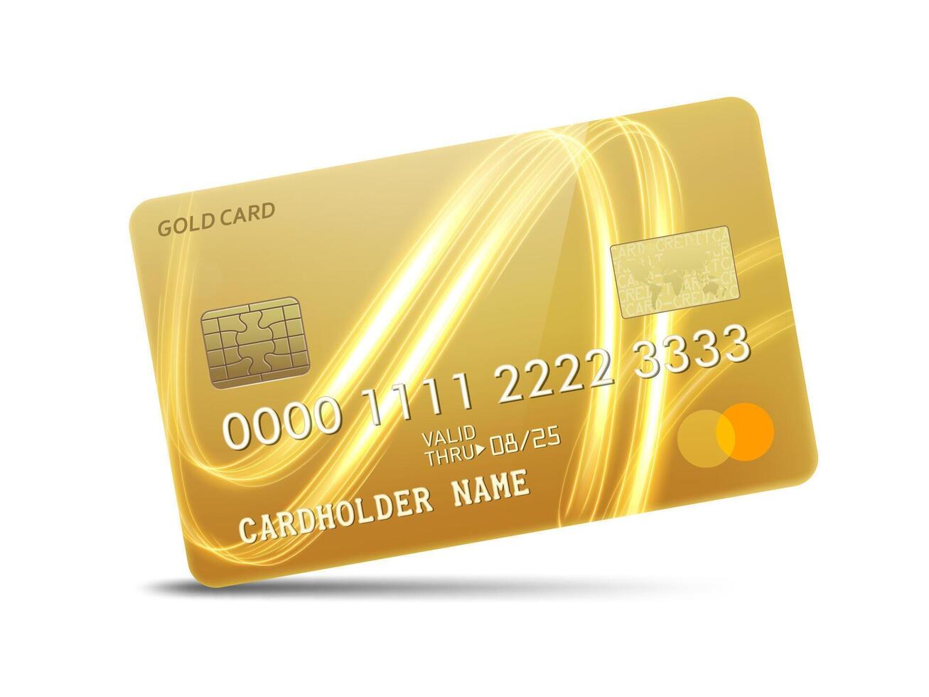detaljerad glansig guld kreditera kort med vågig neon ljus dekoration, isolerat på vit bakgrund, vektor illustration