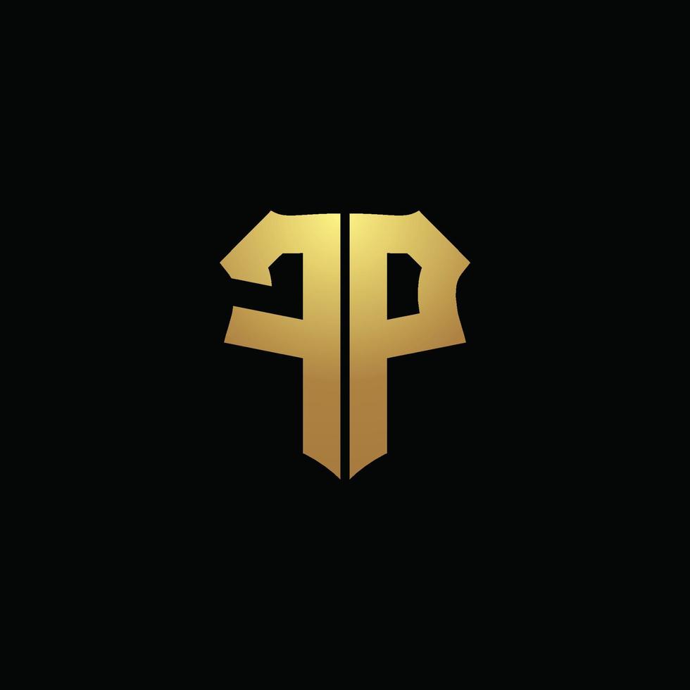 fp logotyp monogram med guldfärger och sköldform designmall vektor