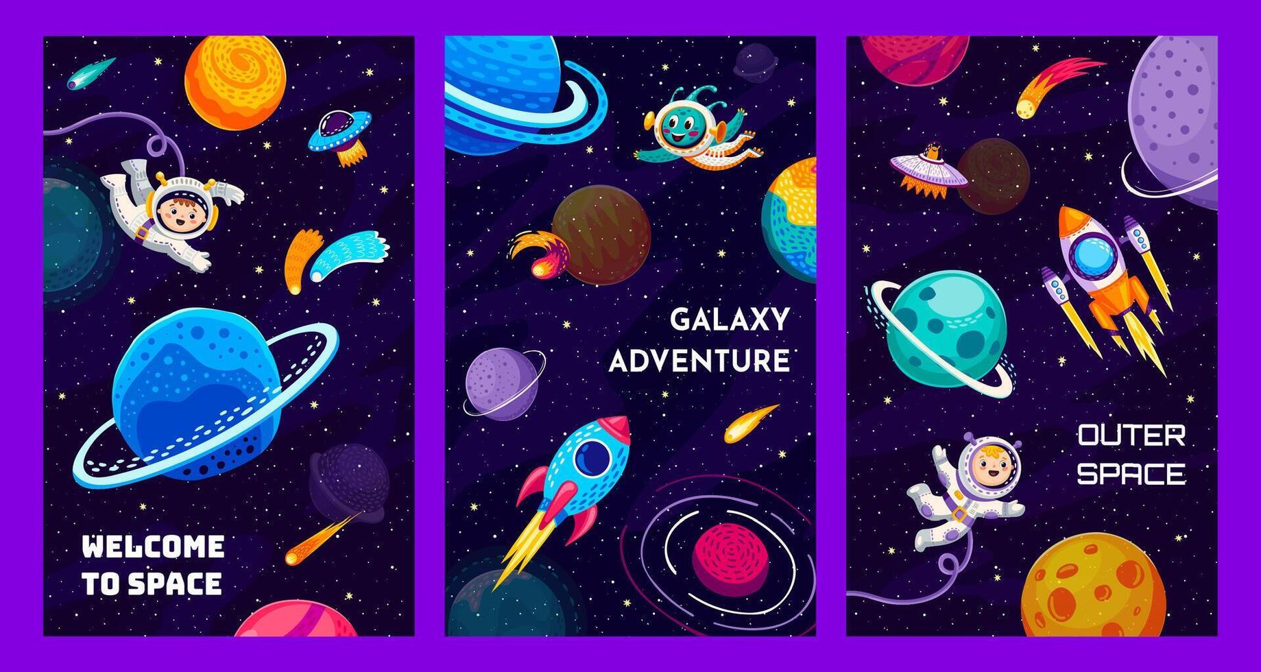 Galaxis Raum Plakate mit Kind Astronauten, Außerirdischer vektor