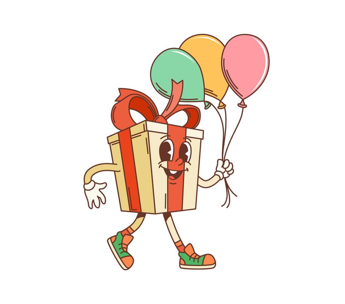 retro Karikatur Geschenk Box Charakter mit Luftballons vektor