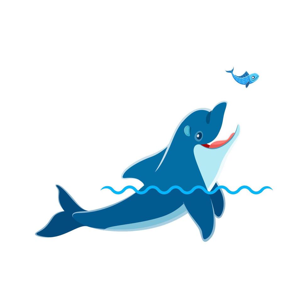 Karikatur süß Delfin Charakter spielen mit Fisch vektor