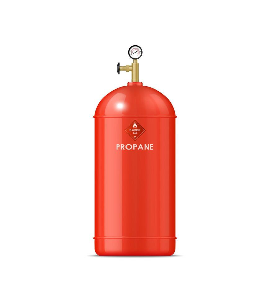 realistisk propån gas metall cylinder, röd tank vektor