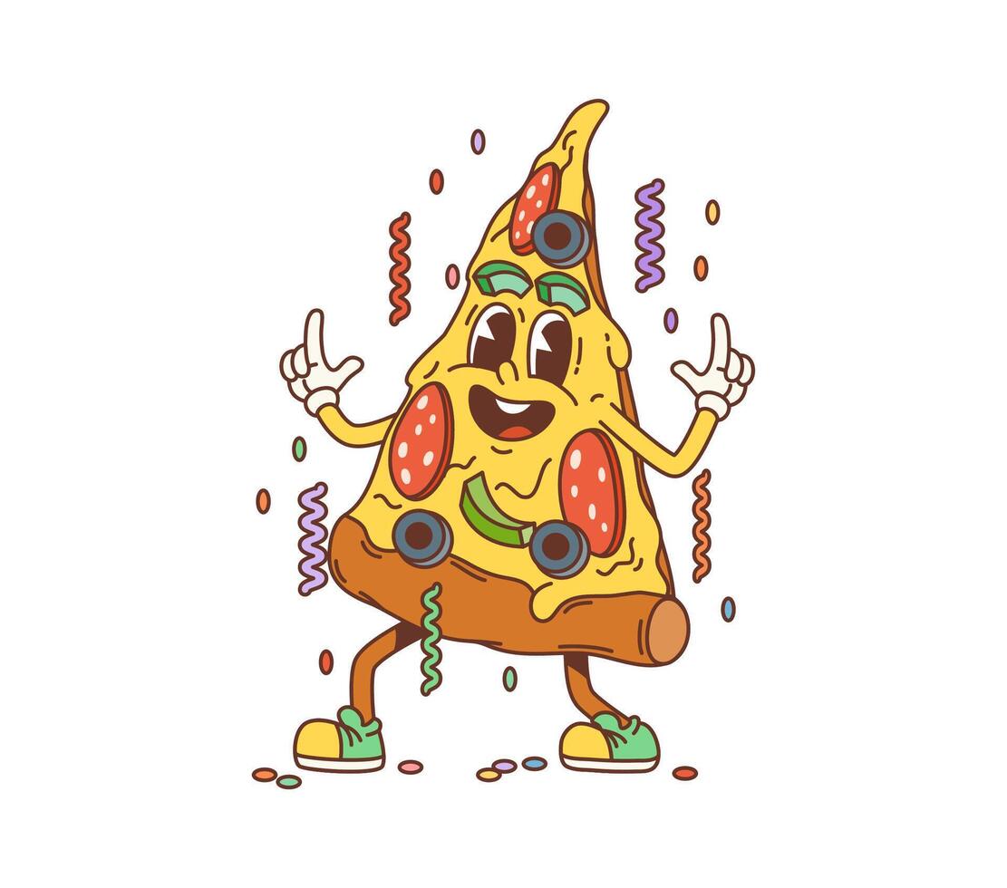 retro tecknad serie pizza karaktär fira fest vektor