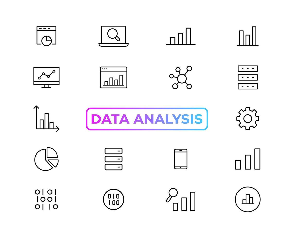 groß Daten Analyse dünn Linie Symbol Satz. Daten wird bearbeitet Gliederung Piktogramme zum Webseite und Handy, Mobiltelefon App gui. Digital Analytik einfach ui, ux Vektor Symbole